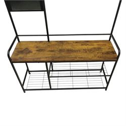 Modern hall stand black and rustic wood veneer, mirrored panel with multiple hooks, wooden veneer seat above shelving for shoes 