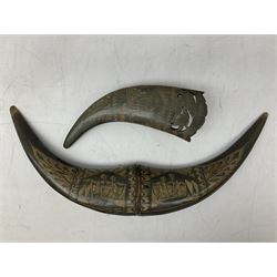 Carved water buffalo horn wall pocket, engraved with landscape scene with patterned borders with pierced foliate panel, together with a pair of horns with similar engraved decoration, L47cm