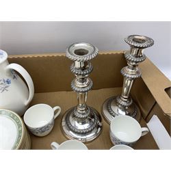 Assorted collectables, comprising Wedgwood Petra pattern six piece coffee set, six Royal Doulton Rondelay pattern coffee cans and saucers, pair of silver plated candlesticks with oblique gadrooned detail, and a bed warming pan with pierced copper pan, in one box 