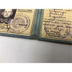 WW2 Soviet KGB officer I.D. book containing photograph, seal stamps and signatures. Roughly translates as 'USSR Peoples Commissariat for Internal Affairs Krasnoyarsk Region Directorate Senior Lieutenant 1st Class Deputy Head of Communications Nikolay Storozhuk c1943