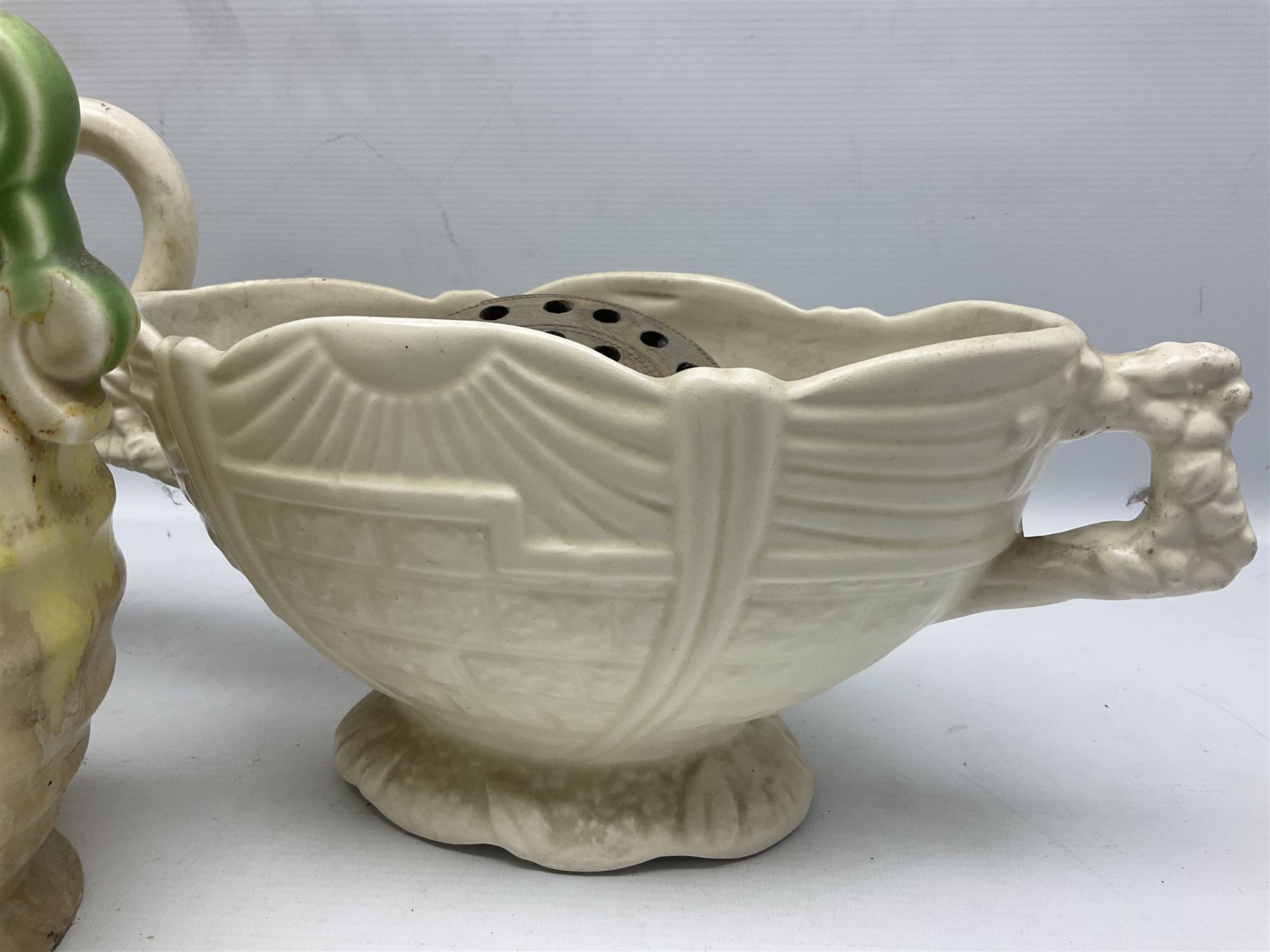 Two Arthur Wood twin handled vases to include one example in the Garden Wall pattern, together with a Beswick Ware merging green, yellow and cream vase, all with marks beneath, tallest H23cm