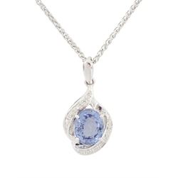 18ct white gold tanzanite and diamond pendant necklace, single oval cut light blue tanzani...