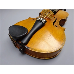  Late 19th century violin with 36cm two-piece maple back and spruce top, bears label 'Giovan Paulo Maggini Brefeia 1670', L59.5cm overall, in carrying case with bow  