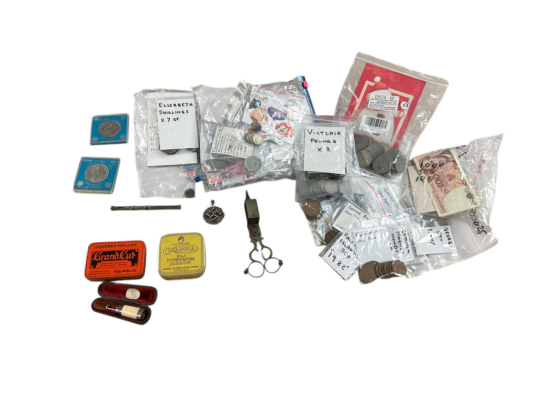 Collection of coins and banknotes, together with other collectables, including candle trimmer and snuffer, cigarette holder withe silver collar, hallmarked, brooch and other collectables 