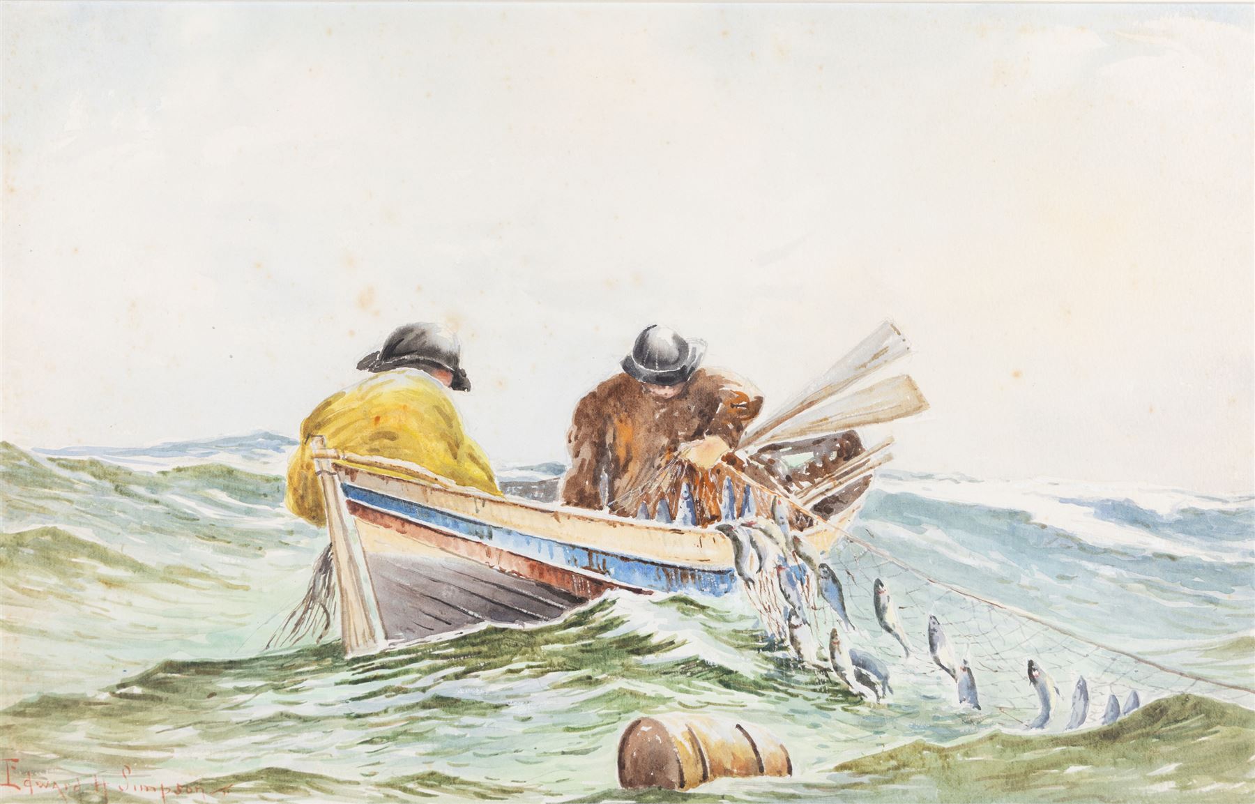 Frank Rousse (British fl.1897-1917): Bringing in the Catch, watercolour signed 28cm x 49cm; Edward H Simpson (British 1901-1989): Drawing in the Nets, watercolour signed 33cm x 53cm (2)