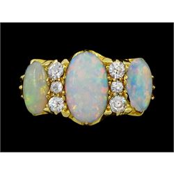 Early 20th century gold three stone opal and six stone old cut diamond ring, stamped 18ct