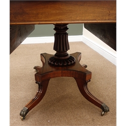  Regency mahogany drop leaf supper table, single column on quatrefoil base, reeded sabre supports with brass capped hairy paw feet on castors, W114cm, H73cm, D107cm  