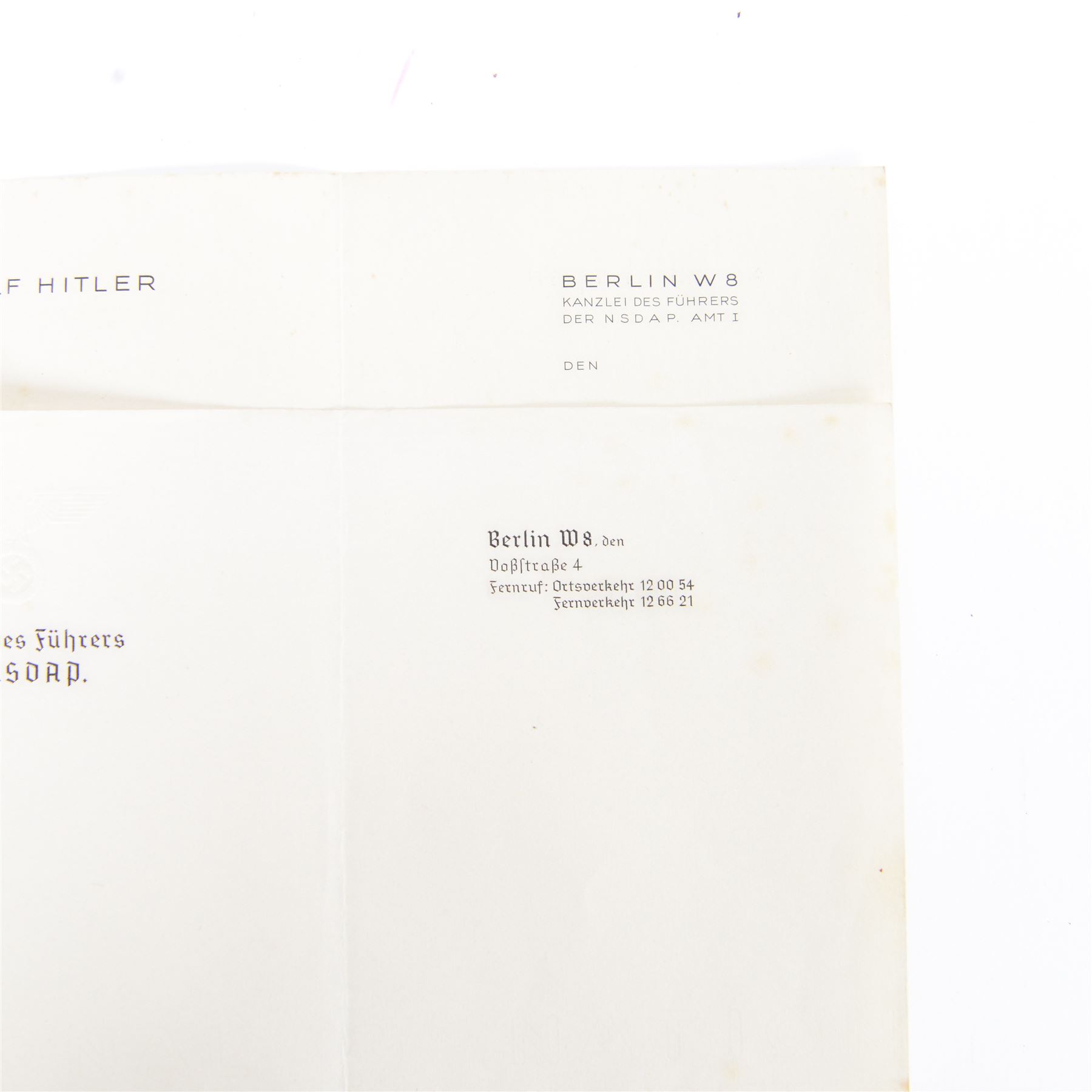 Adolf Hitler personal stationary, comprising three blank pieces of paper of varying sizes, one embossed to the top left Der Fuhrer, another Adolf Hitler, with his address Berlin W8 Kanzlei Des Fuhrers, Der NSDAP AMT 1, the third Kanzlei Des Fuhrers, Der NSDAP.
By vendor repute taken from Hitler’s desk in Berlin at the end of the war, by Harold Webster, one of the first soldiers who got into the war rooms 
