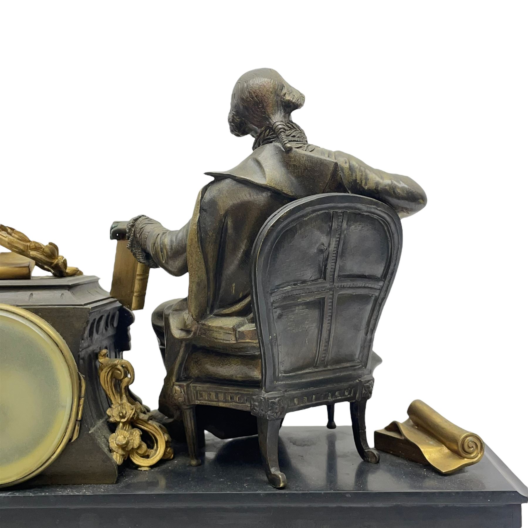 French - 19th century Belgium slate and marble 8-day mantle clock c1860, surmounted with a cast brass figure of the French poet  Ernest Legouve, holding a copy of his collection of poems 