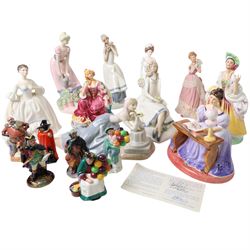 Collection of Royal Doulton figures, including miniatures The Balloon Seller HN2130, The Old  Balloon Seller HN2129, Good King Wenceslas etc, together with a Coalport figure and others 