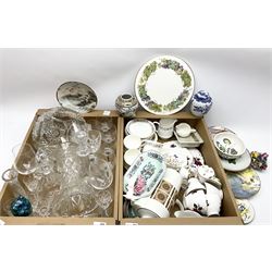 Collection of ceramics and glassware, including a cut glass bowl, two decanters of baluster form, Paragon tea wares, Mason's trinket dish, etc, two boxes.
