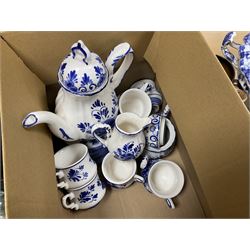 Elesva Holland blue and white part tea service, Capodimonte style figure group 'The Card Players', Oriental bowl of shallow form decorated with painted koi fish and sea plants, L25cm and Quantity of cutlery to include silver plated examples, together with glass carafe and decanter with stopper, Framed Aboriginal Art Print, by Danny Eastwood, ceramics etc