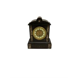 A late 19th century Belgium slate mantle clock decorated with variegated panels of contrasting marble and incised decoration to the front, French eight-day timepiece movement with a recoil anchor escapement, two-piece dial with a gilt centre and Ivorine chapter, Roman numerals, minute markers and brass fleur di Lis hands, dial centre inscribed “Appleby, Paris”. With pendulum.



