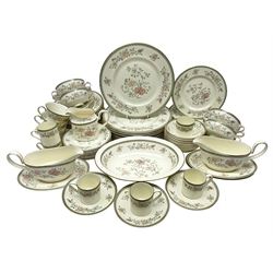 Minton Jasmine pattern tea and dinner wares, including dinner plates, sauce boats, side plates, bowls, teacups, coffee cans and twin handled soup bowls, etc (122)
