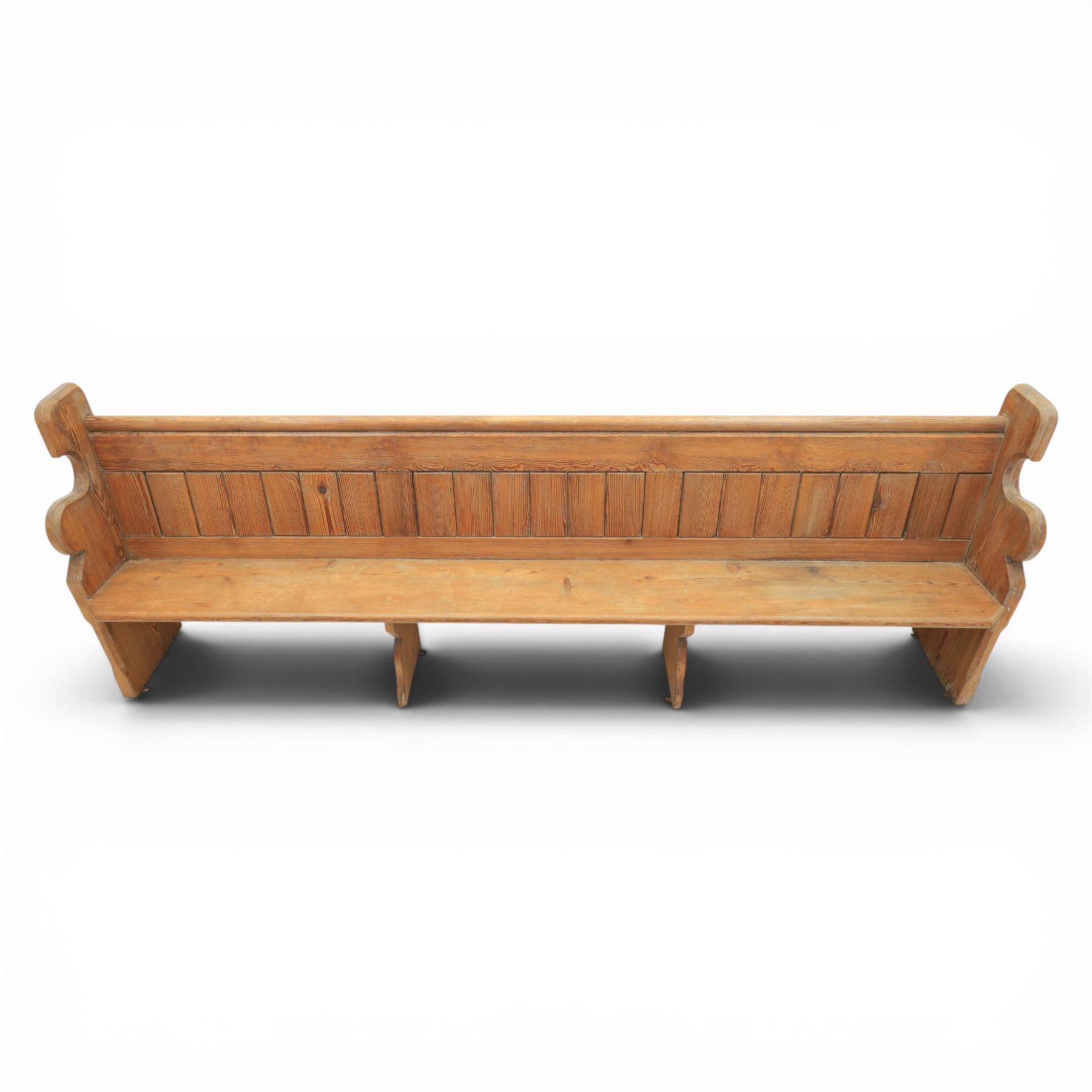 Victorian pitch pine church pew, tongue and groove back with rear shelf, shaped sides and supports 