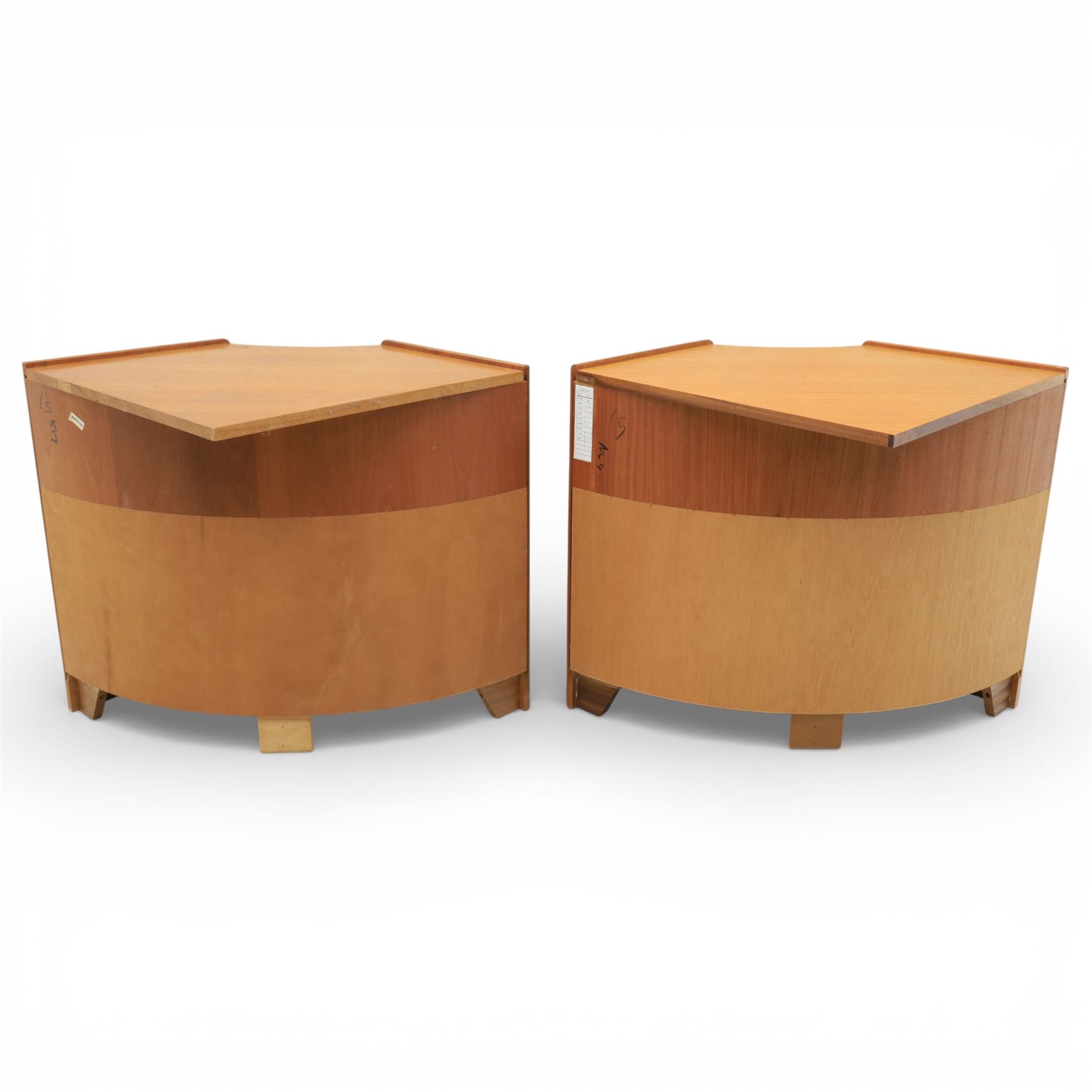 Nathan - concave corner cabinet, each of quarter round form with square top to fit against a wall, with open display compartment above a signature square panelled cupboard door, raised on a recessed plinth base