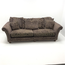Grande three seat, two section sofa upholstered in aubergine embossed fabric, turned supports, W240cm
