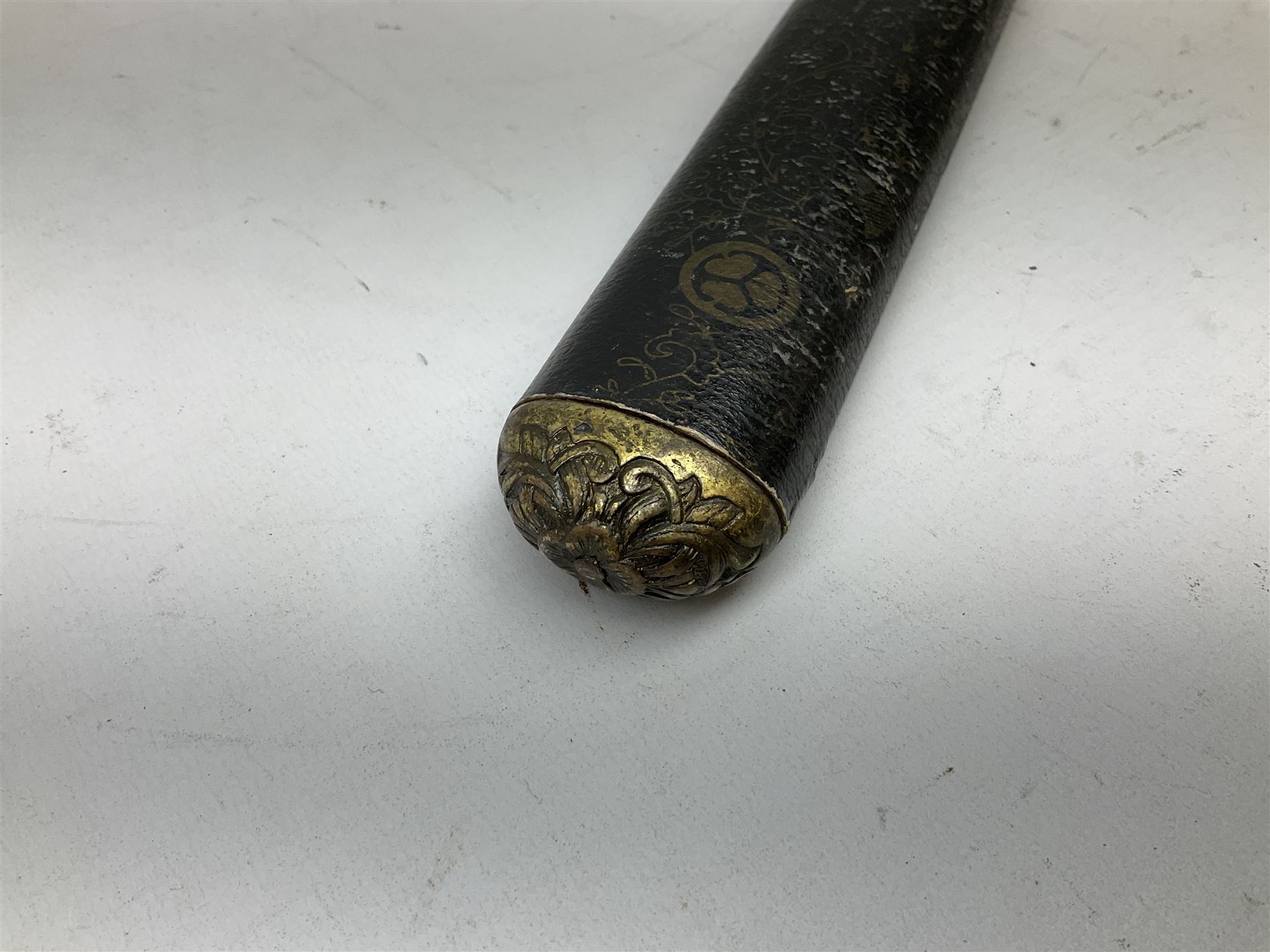 Three reproduction swords - Japanese katana and saya; Tai Chi sword with ornate scabbard; and dress sword with fullered triangular blade and horn handle (3)