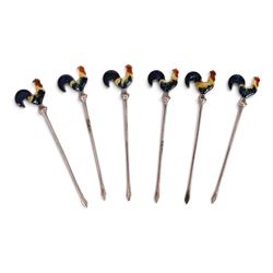 Set of six early 20th century silver cocktail sticks with enamel cockerel finials, stamped...