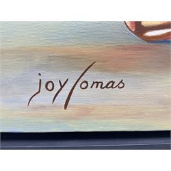 Joy Lomas (British Contemporary): Scarborough South Bay viewed through Glassware, oil on canvas signed 70cm x 100cm