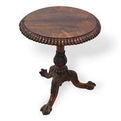 Possibly Gillows - 19th century rosewood tripod table, circular tilt-top with gadroon carved edge, turned column with lobed bands and curled acanthus leaf carved baluster, three out-splayed supports with shell carved knees and scaled ball and claw feet, 

Provenance:
Nidd Hall: acquired by Guy Reed from
Richard Butler, 17th Viscount
Mountgarret, in 1968
