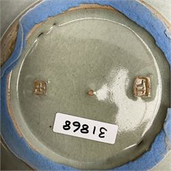 Jeremy Leach (British 1941-): Celadon glazed stoneware bowl of fluted circular form, with impressed mark beneath, D35cm
