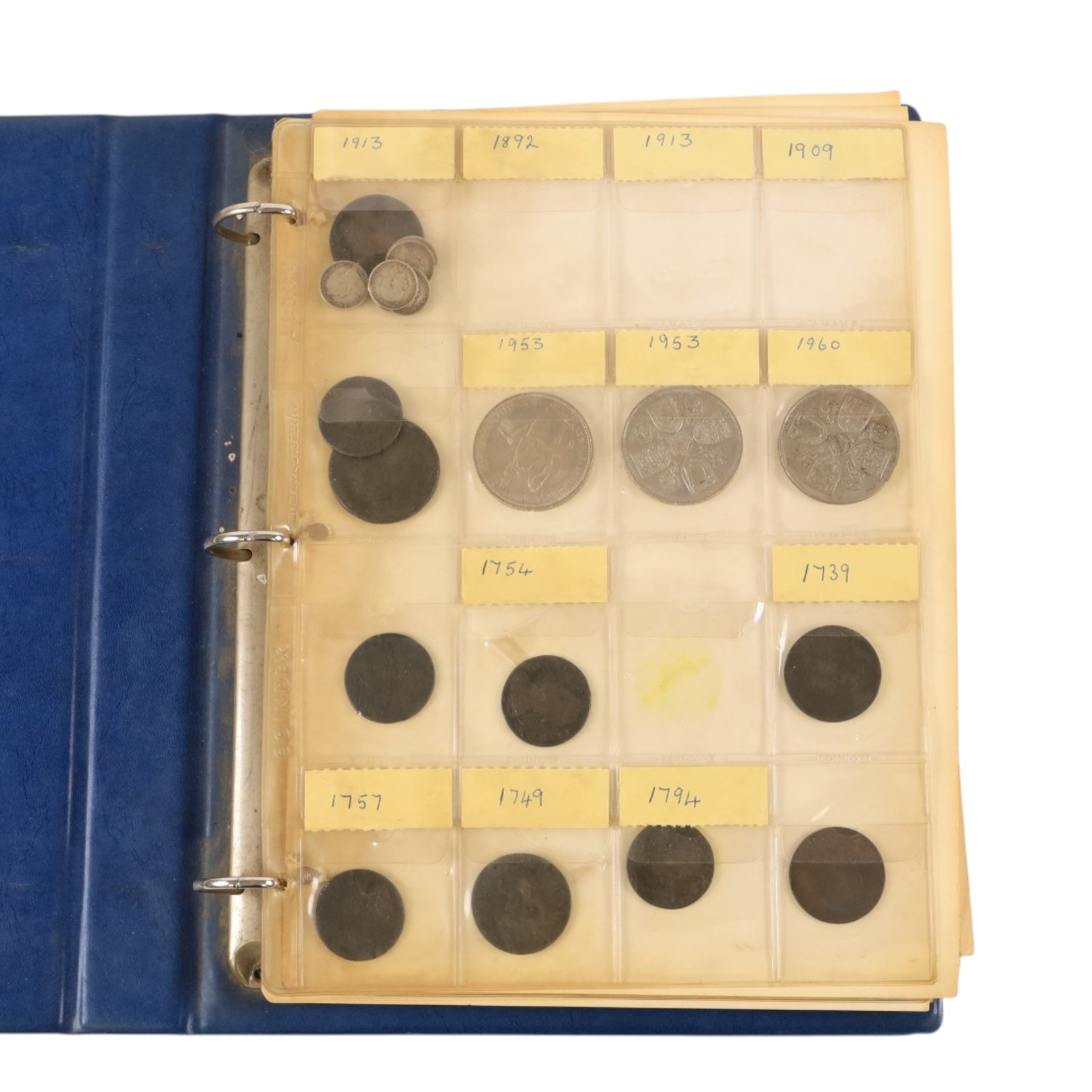 Great British pre-1920 and pre-1947 silver coins, including ten pre-1920 and seventeen pre-1947 half crowns, twelve pre-1920 and seven pre-1947 florins, twelve pre-1920 and eight pre-1947 shillings, and further copper coins, housed in a blue ring binder folder