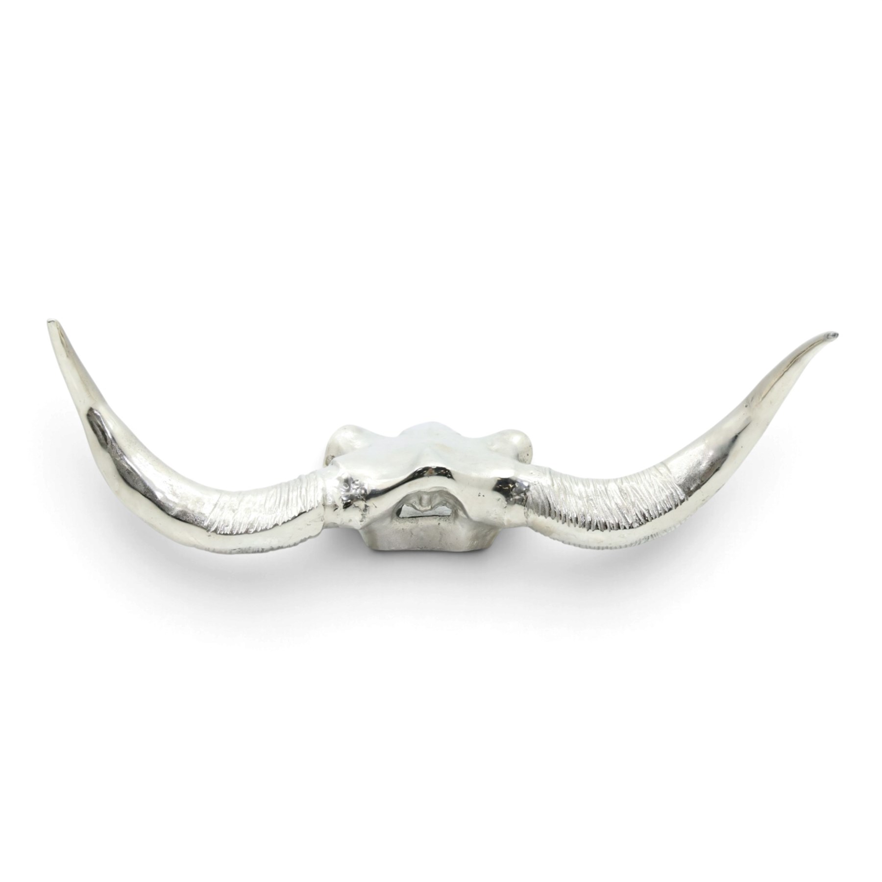 Contemporary cast metal bull skull wall ornament, polished silver finish with textured detailing and outstretched curved horns  