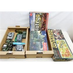 Airfix Waterloo Wargame; Jumbo 200 Years Stratego board Game; Osprey Games Escape From Colditz board game, all boxed; and quantity of kit-built plastic military vehicles