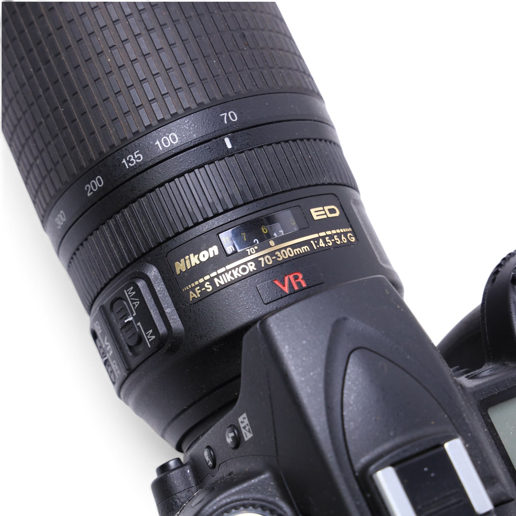 Nikon D90 DSLR camera body, serial no. 8230680, with a Nikon ED AF-S Nikkor 70-300mm 1:4.5-5.6 G lens, serial no. 3102829, with battery and Nikon Quick Charger, in carry case with other accessories including hoods, caps and filters