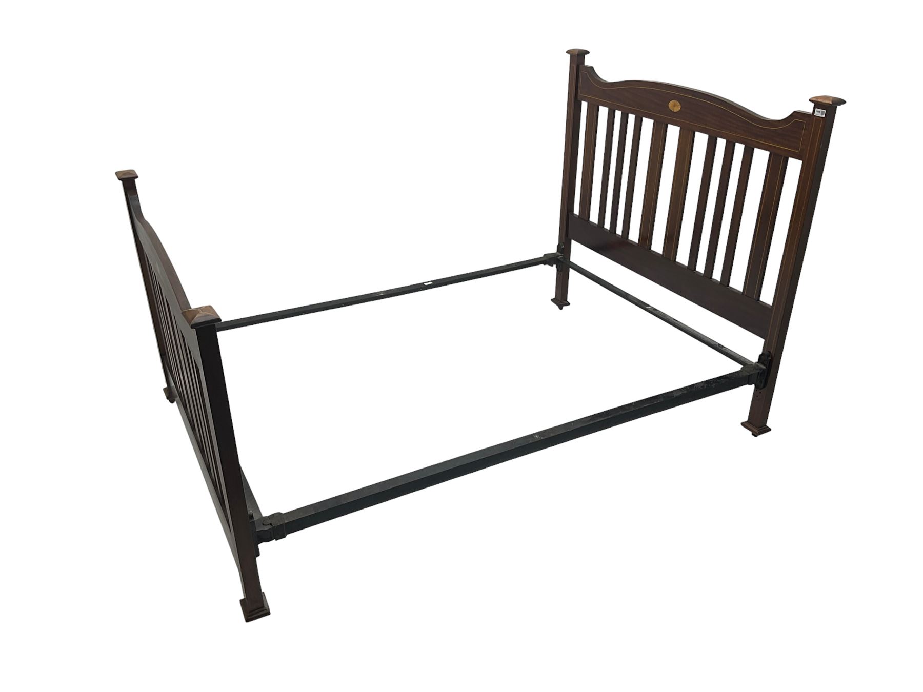 Edwardian inlaid mahogany double bedstead, headboard cresting rail with satinwood inlay shell and satinwood and ebony stringing