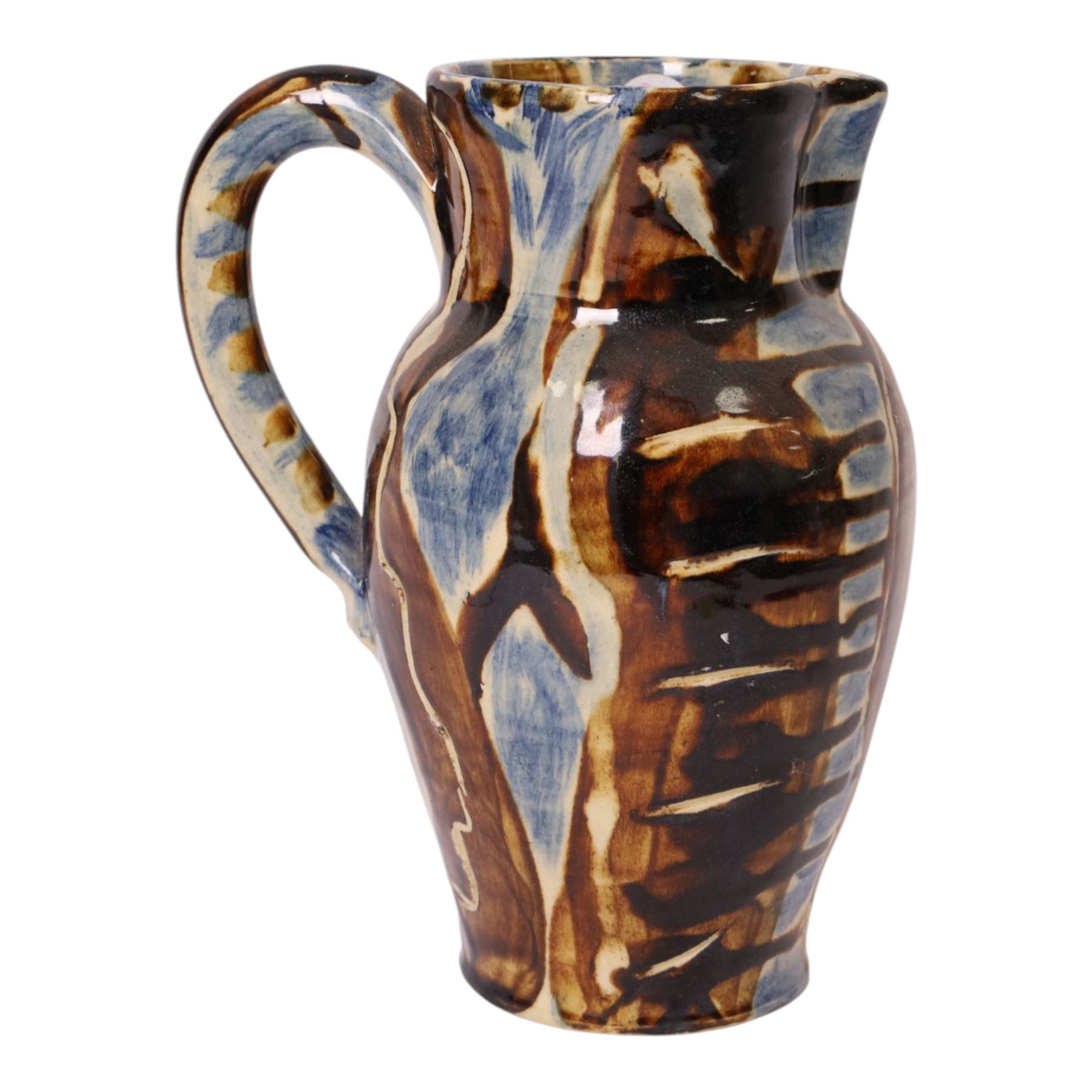 David Garland (b.1941) jug, decorated in a blue and brown glaze, with leaves and abstract patterns, H27cm