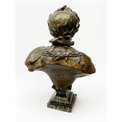 After R. Nannini, large bronzed spelter head and shoulder bust of Napoleon wearing a laurel wreath, on variegated green marble base with gilt metal 'N' and eagle, bears signature and Paris France fabrication medallion H54cm
