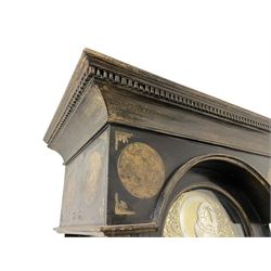 James Bowra of Sevenoaks Kent - 18th century 8-day ebonised longcase clock with gilt decoration c1740, with a flat top, dentil moulding beneath and shaped back splats, break arch hood door flanked by plain pilasters with wooden capitals, long trunk with a curved topped door, on a square plinth with canted corners and raised on a moulded base, brass dial with cast spandrels and a silvered 'Punch' automata to the arch, matted dial centre with seconds ring and date aperture, silvered chapter ring with Roman numerals, five minute Arabics, minute and quarter hour tracks, with matching steel hands and silvered makers name plate, rack striking movement with a recoil anchor escapement, striking the hours on a bell. With weights and pendulum.