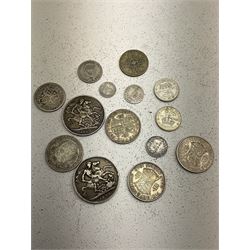 Two Queen Victoria silver crown coins dated 1889 and 1892, 1895 sixpence and small number of other pre 1920 coins and approximately 80 grams of Great British pre 1947 silver coins