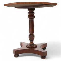 Georgian design mahogany specimen type occasional table, the octagonal top inlaid with various woods including walnut, birds eye maple and elm in geometric pattern, on turned and reeded mahogany pedestal carved with acanthus leaves, concaved square platform on turned feet 