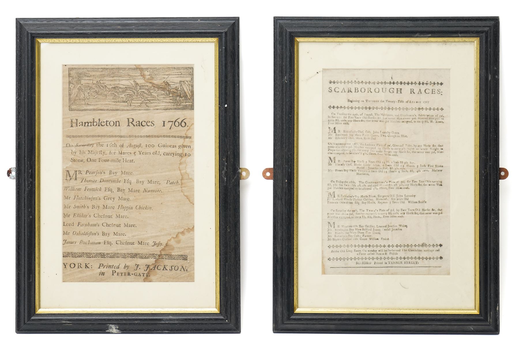 18th century handbill 'Hambleton Races August 1766' with list of runners and owners etc printed by J Jackson York 29cm x 17cm framed and another 'Scarborough Races August 1767' printed in Tanner Street Scarborough 27cm x 17cm framed (2) 
Provenance: property of a Nobleman