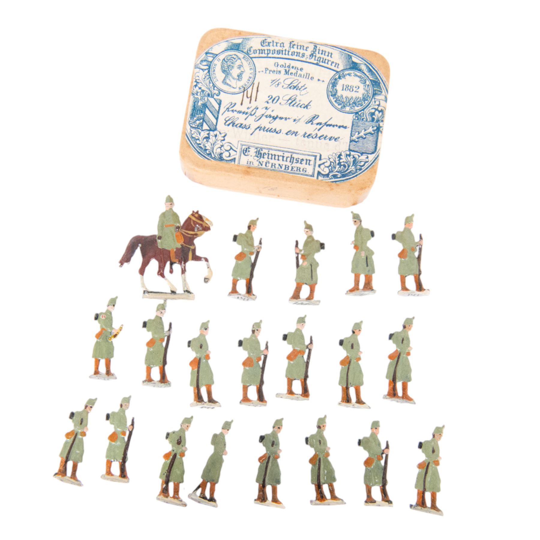Henrichsen Zinnfiguren flats, circa 1912, flat pewter figures polychrome painted as WWI German Jagaer troops, Telegraph troops, French Zouaves, Jagaers firing and French Artillery