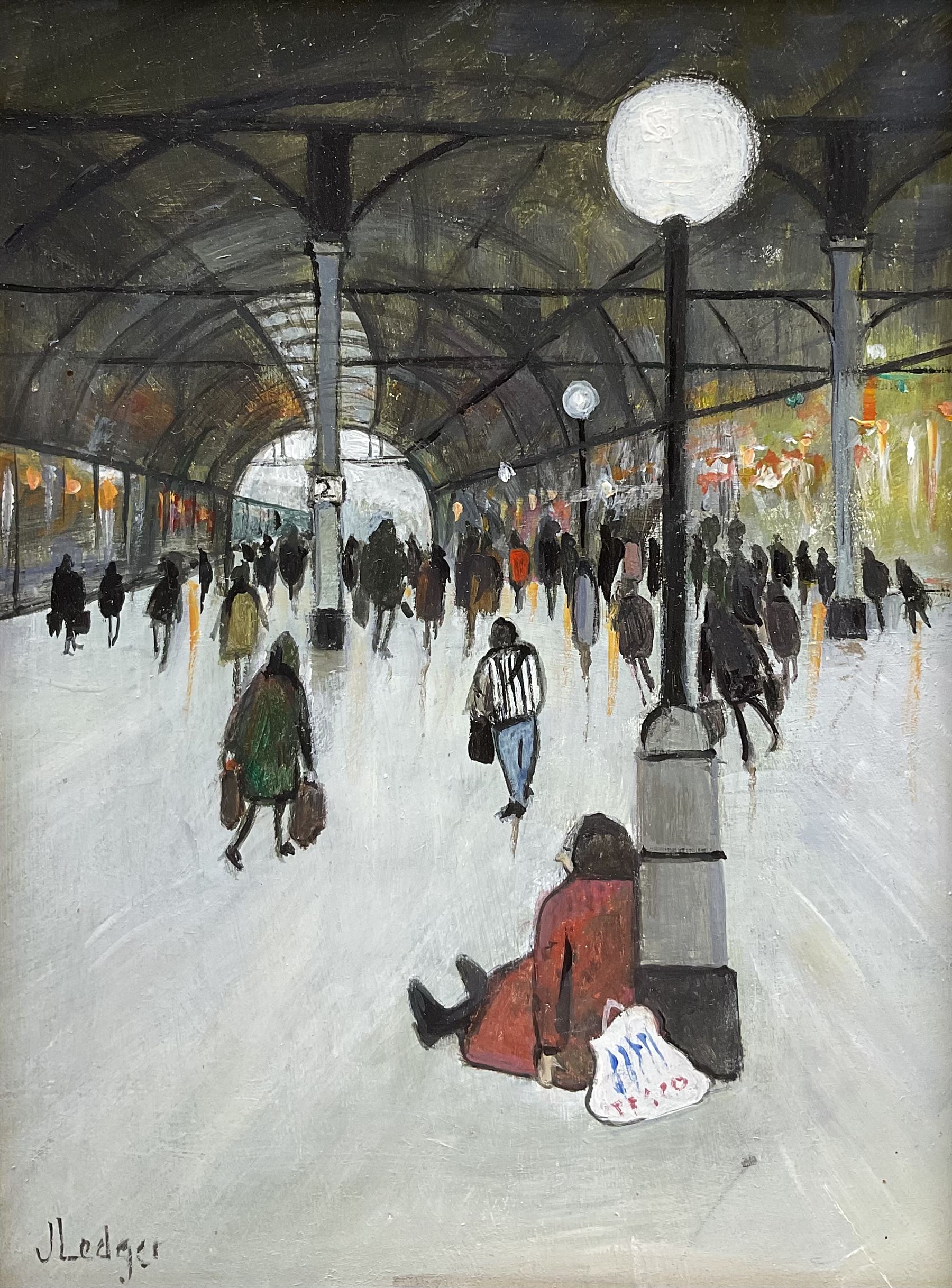 Janet Ledger (British 1931-): Newcastle Station, acrylic on board signed 19cm x 14cm 
Provenance: with The Linda Blackstone Gallery, Pinner, label verso