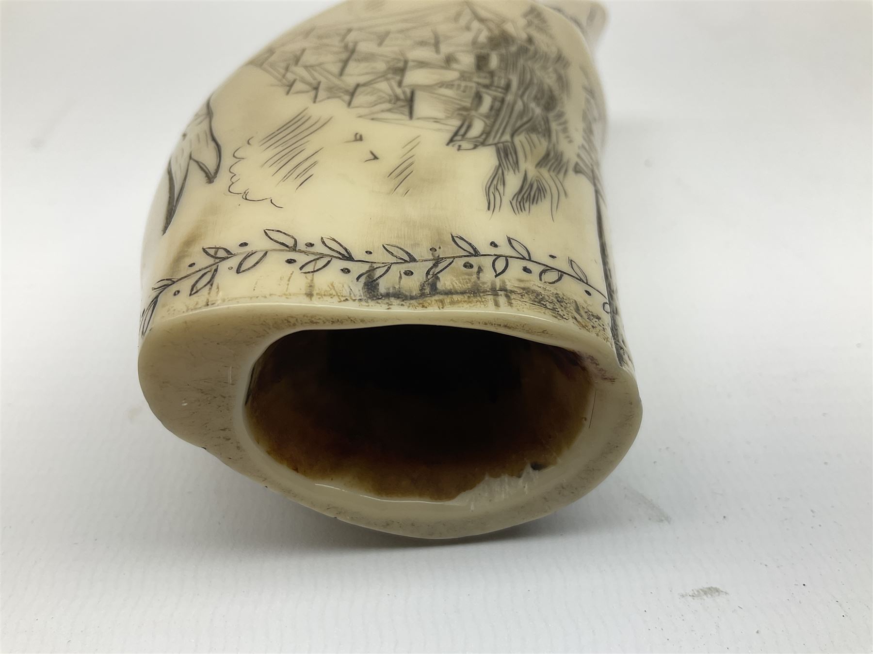 Scrimshaw style resin whale's tooth with incised decoration commemorating William Scoresby and The Baffin, Whitby, L14cm