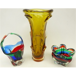  Art glass amber coloured vase in the Whitefriars style, H31cm and two similar Murano style Art glass bowls, one of basket form (3)  