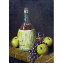 Daniel Lavabre (French 20th century): Still Life of Fruit ad Wine on Shelf, oil on canvas signed 32cm x 23cm 