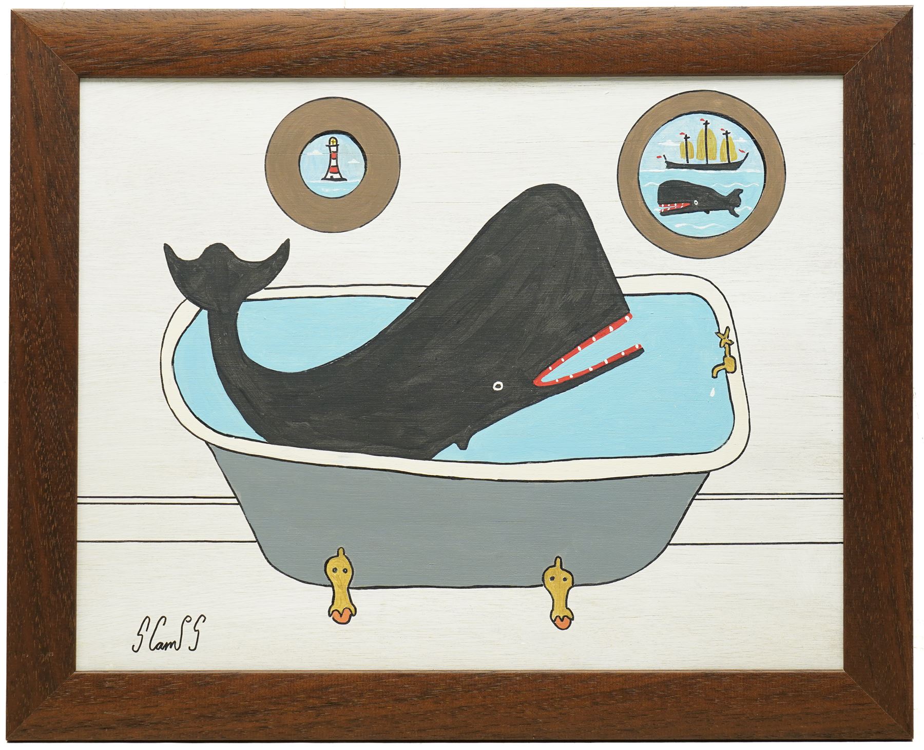Steve Camps (Cornish 1957-): 'Burts Bathtime with Sid Looking On', oil on panel signed, dated 2024 verso 34cm x 44cm
Notes: Cornish artist Steve Camps, a retired builder turned painter in 2023, creates charming naïve-style whale paintings framed in antique finds, quickly gaining acclaim and commanding high prices through Sailors Jail Gallery in Falmouth