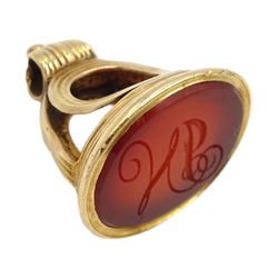 Victorian gold mounted engraved carnelian seal fob, engraved initials