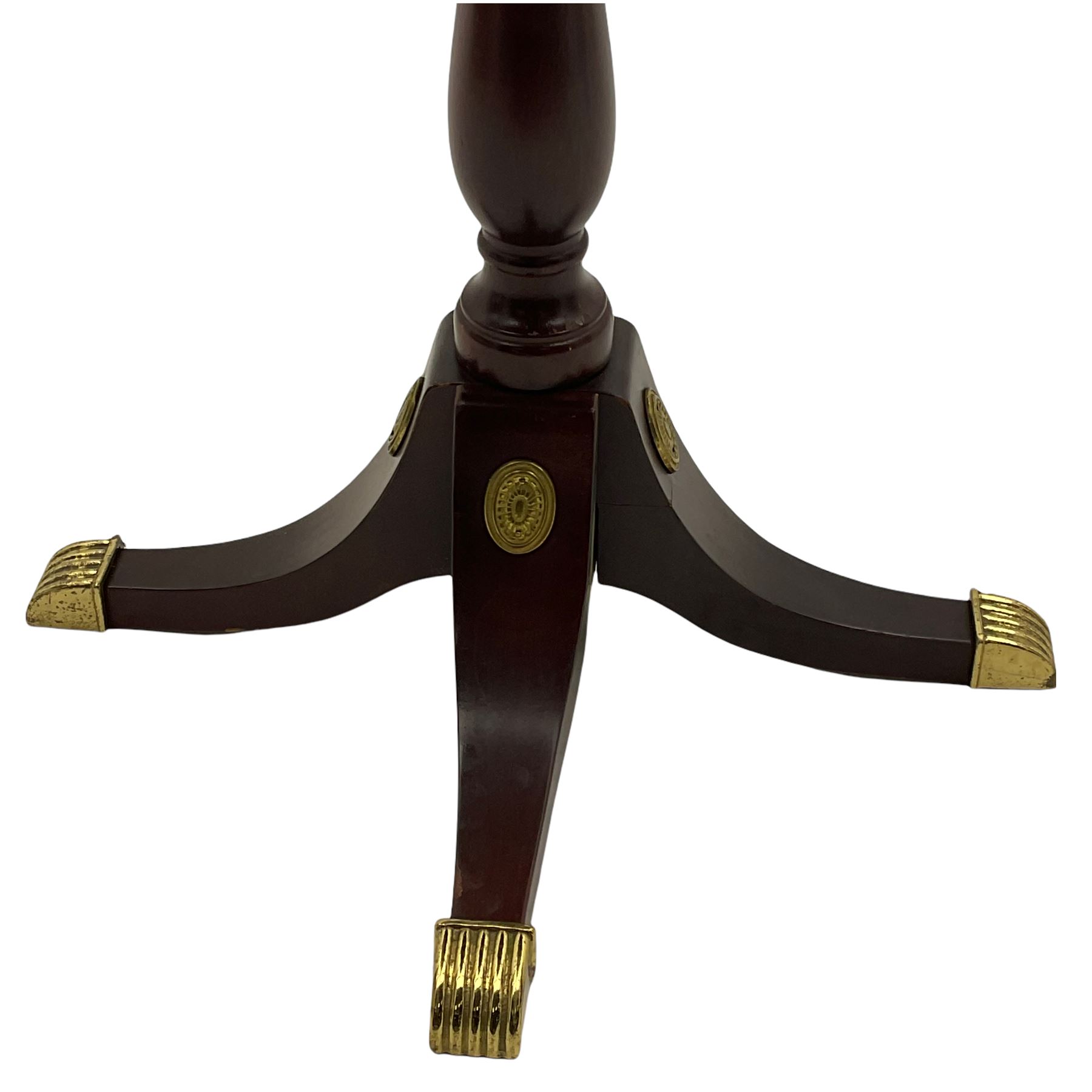 Franklin Mint Indian ' The Raj ' chess set with marble effect chess board within a mahogany stained frame raised on a brass mounted pedestal base with single fitted drawer, the playing pieces depicting figures from the 1857 Raj mutiny 52cm square H68cm