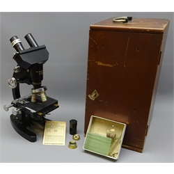  Cooke, Troughton & Simms Ltd. black japanned binocular Microscope, 1.5X Div-002MM, No.106345, with chrome fittings, rack & pinion coarse & fine focus and three objective turret, on horseshoe base with additional B&L Co. 1.9mm objective, and blank glass slides in fitted case, H38cm  