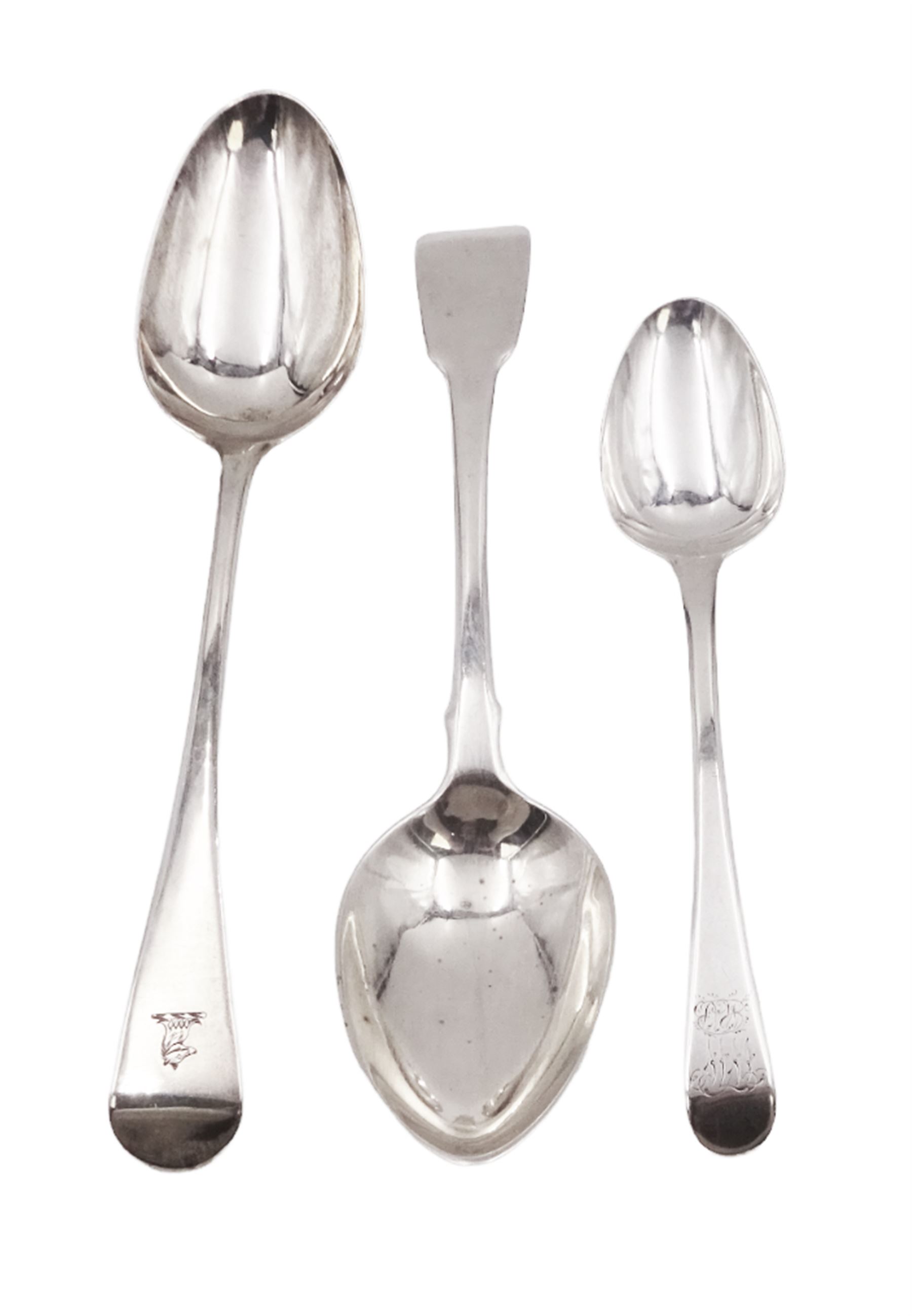 George III silver Old English pattern table spoon, with engraved crest to terminal, hallmarked London 1795, maker's mark RC, probably Richard Crossley, together with a George III silver Fiddle pattern table spoon, hallmarked William Eley I, William Fearn & William Chawner, London 1808 and a George III silver Old English pattern spoon, engraved with monogram, hallmarked John Lambe, London 1786, approximate total weight 5.32 ozt (165.6 grams)