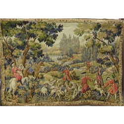  French 18th century style machine woven tapestry depicting Hunting Scene, titled to reverse 'D'Halluin Point de Loiselles la Meute' on brass pole with fleur de lys terminals,190cm x 130cm   