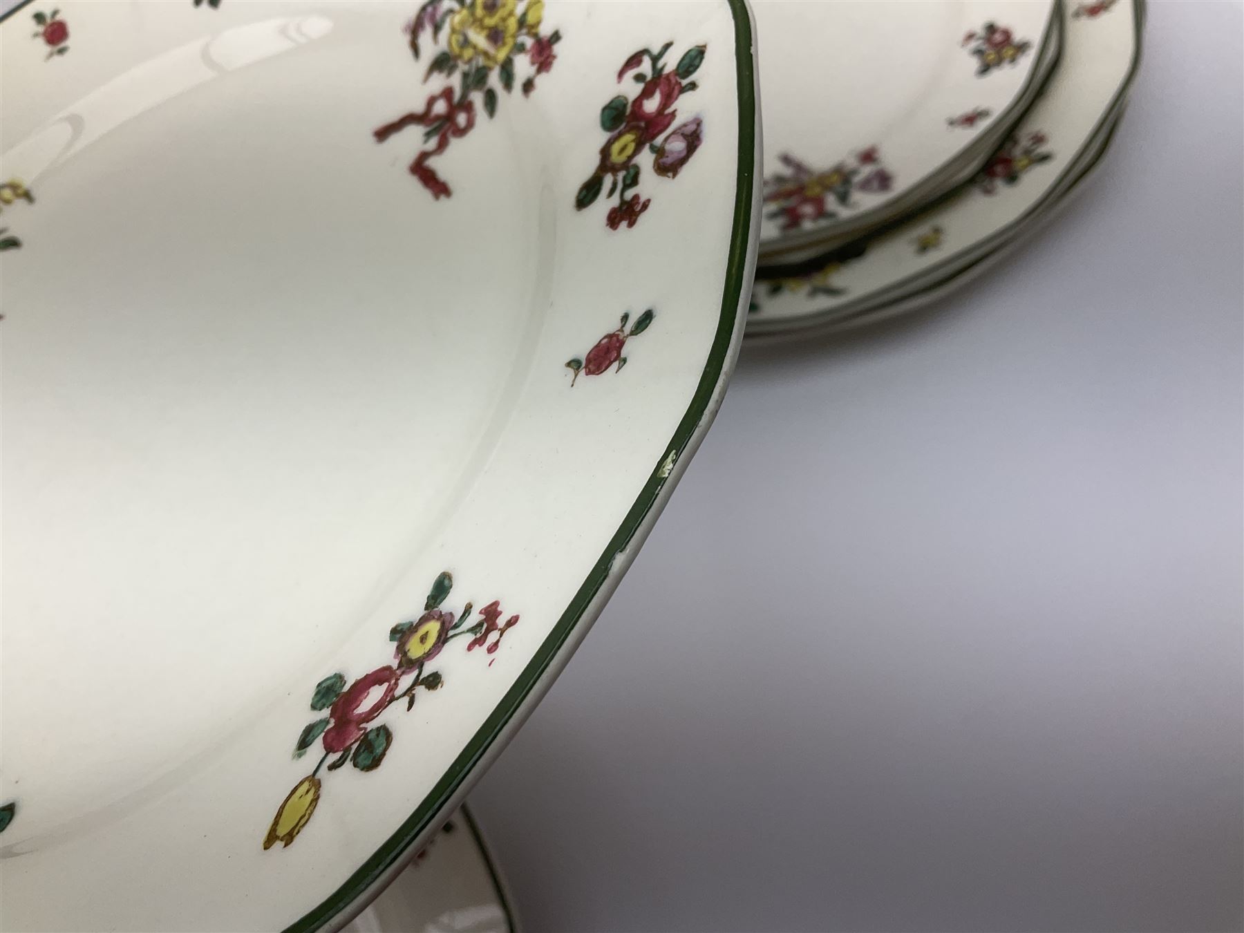 Royal Doulton part dinner service in Old Leeds Sprays pattern,  to include cheese dome, teapot and stand, egg cups etc, together with a selection of floral doilies.  