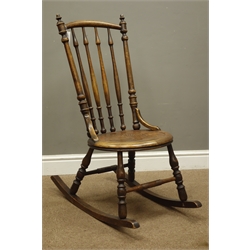  Victorian bentwood rocking chair with spindle turned back and moulded  seat, on turned supports, H88cm   